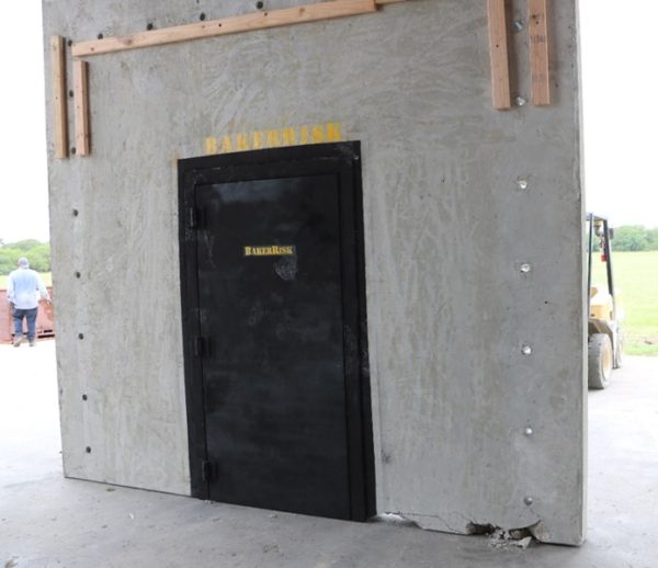 The blast door module of a FORTRESS protective building after testing showing minimal damage and demonstrating its blast resistance.
