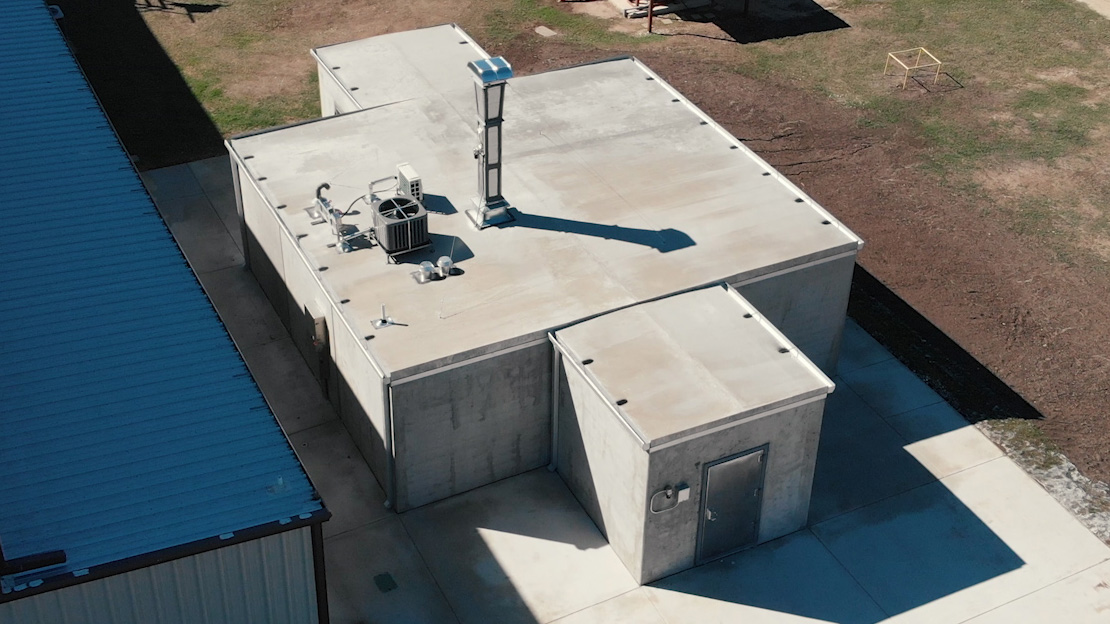 Drone view of a FORTRESS Building at our W.E.Baker Test Facility 