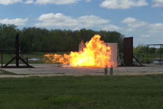Fire testing of components of a building designed for API RP 752 and 753 compliance.