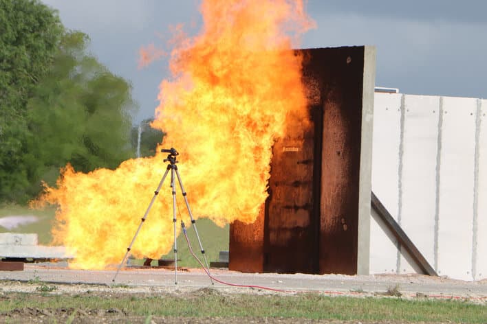 A jet fire test on the blast door of a FORTRESS building.